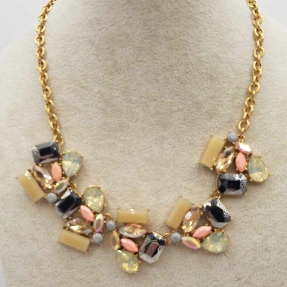J Crew Gold, Tan, Gray, Pink Iridescent Crystal Statement Necklace - Picture 2 of 11